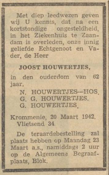krantenbericht overlijden Joost Houwertjes